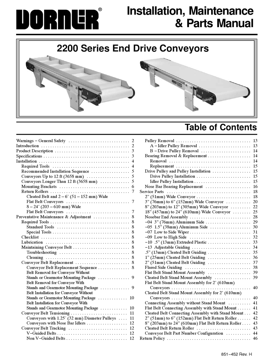 DORNER 2200 SERIES INSTALLATION, MAINTENANCE & PARTS MANUAL Pdf