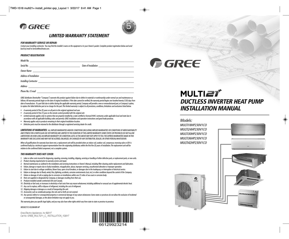 GREE MULTI18HP230V1CO INSTALLATION MANUAL Pdf Download | ManualsLib