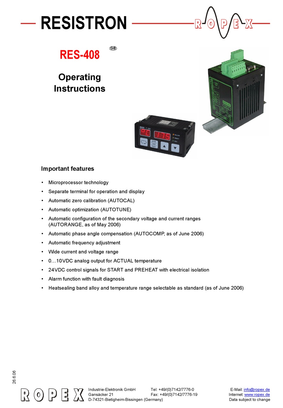 ROPEX RESISTRON RES408 OPERATING INSTRUCTION Pdf Download ManualsLib