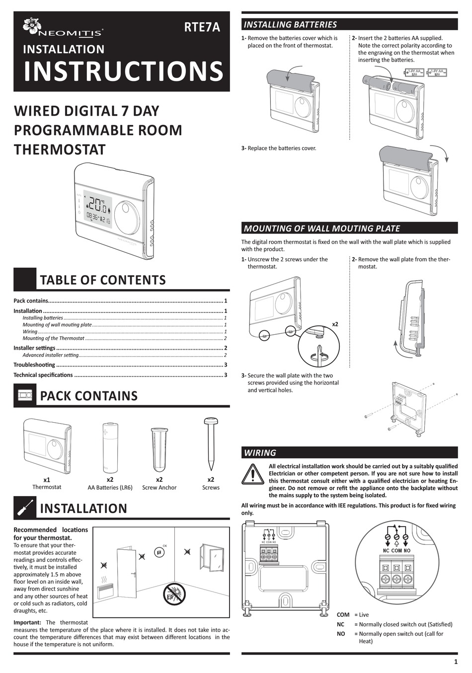 NEOMITIS RTE7A INSTALLATION INSTRUCTIONS MANUAL Pdf Download | ManualsLib