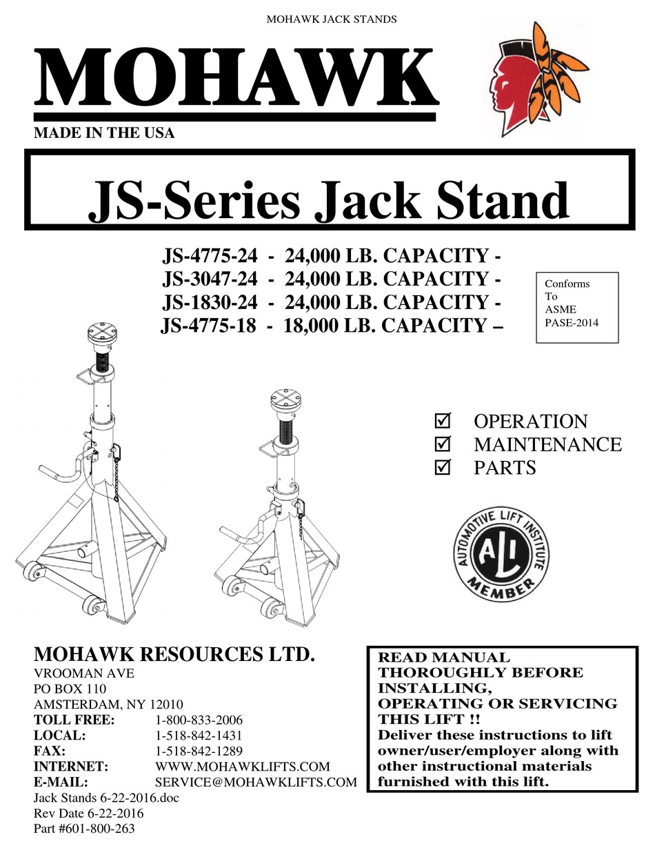 MOHAWK JS477524 OPERATION MAINTENANCE MANUAL & PARTS LIST Pdf