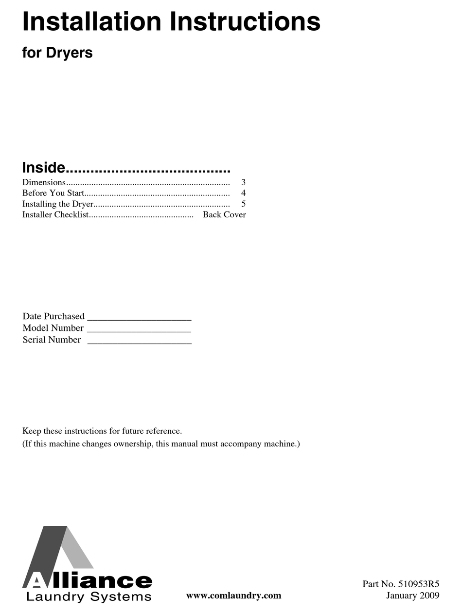 ALLIANCE LAUNDRY SYSTEMS LES33 INSTALLATION INSTRUCTIONS MANUAL Pdf