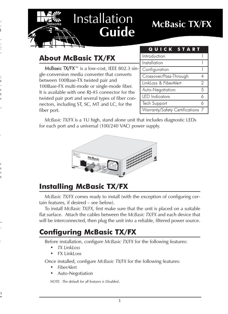 Imc Networks Mcbasic Tx Fx Installation Manual Pdf