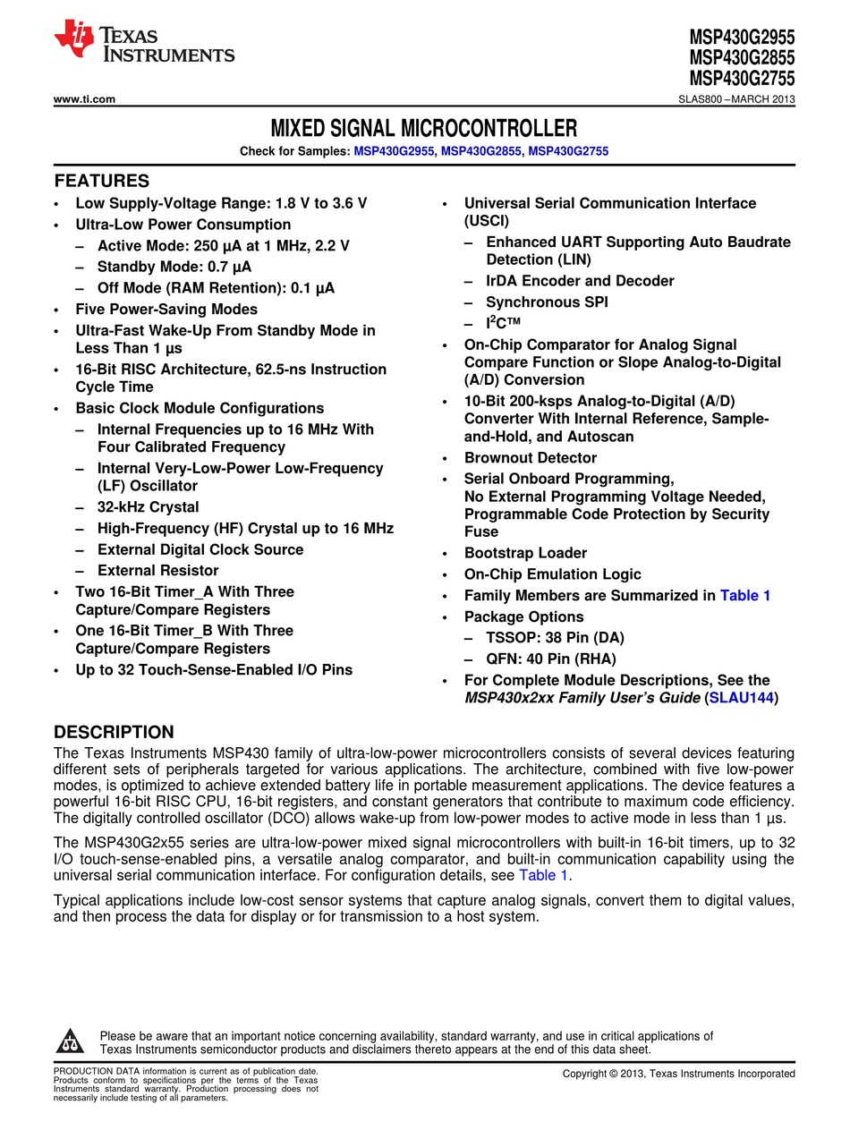 TEXAS INSTRUMENTS MSP430G2955 MANUAL Pdf Download | ManualsLib