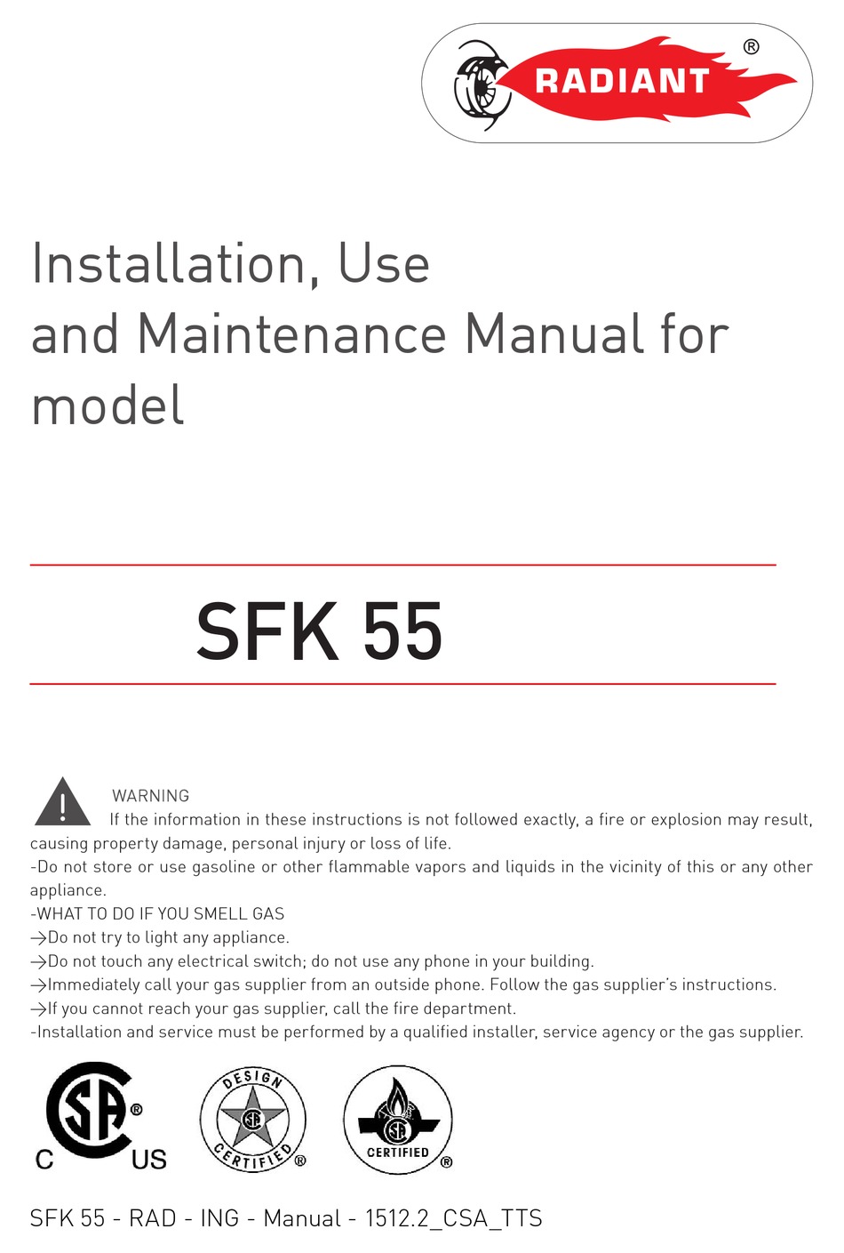 RADIANT SFK 55 INSTALLATION, USE AND MAINTENANCE MANUAL Pdf Download