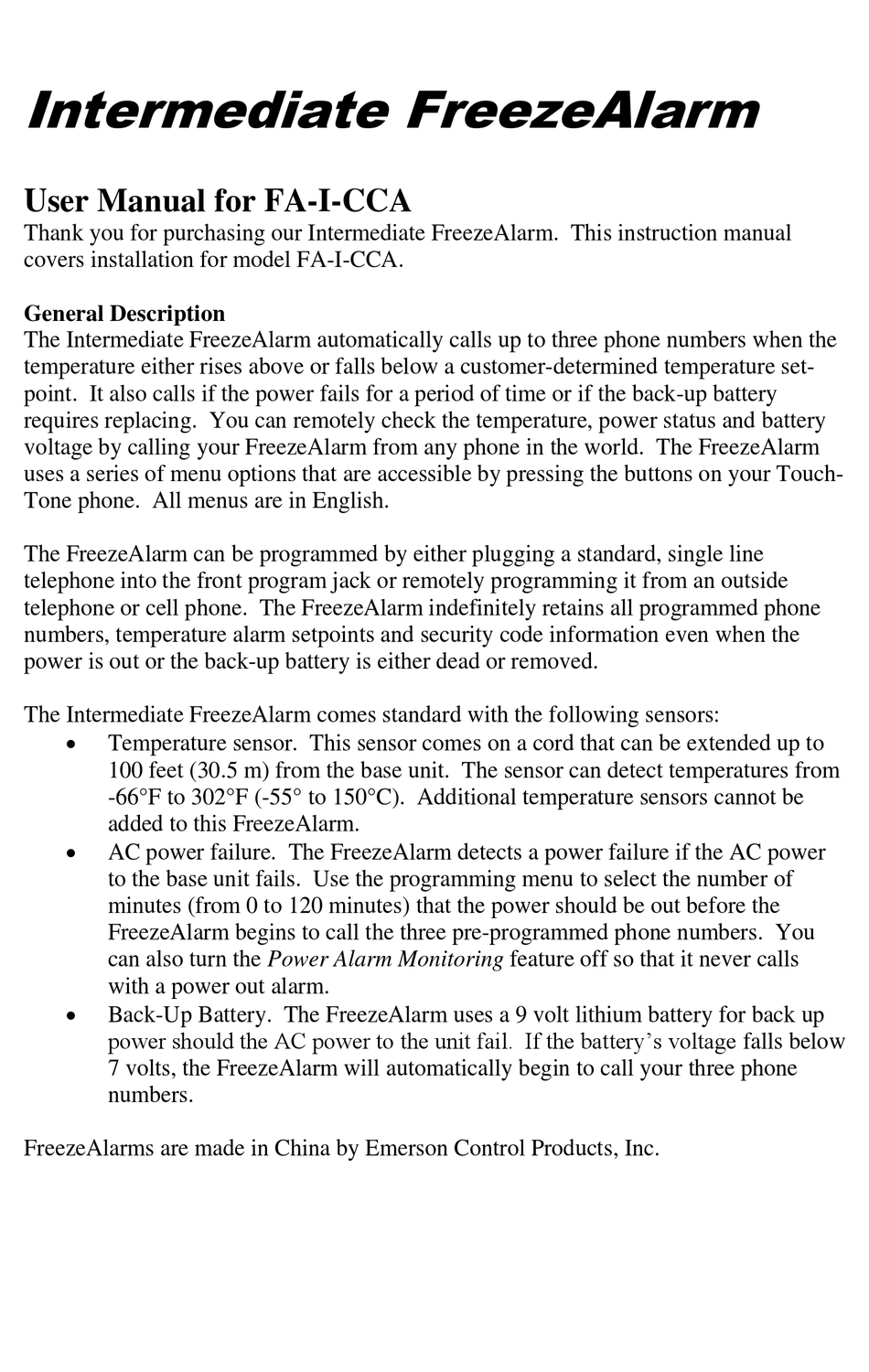 Emerson Freezealarm Fa I Cca User Manual Pdf Download Manualslib