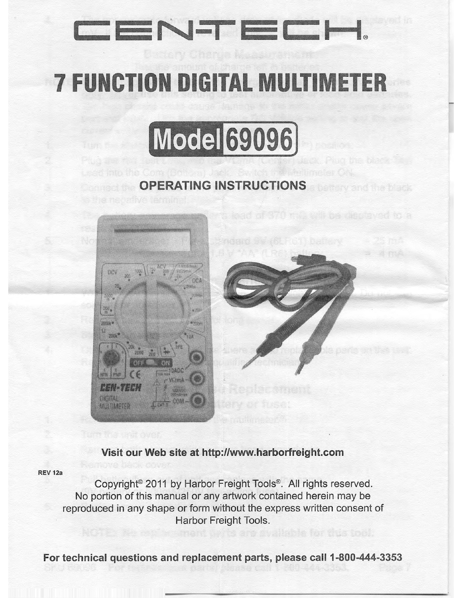 cen tech digital multimeter 69096 manual