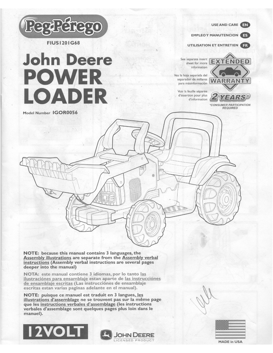 peg perego john deere front loader 12v