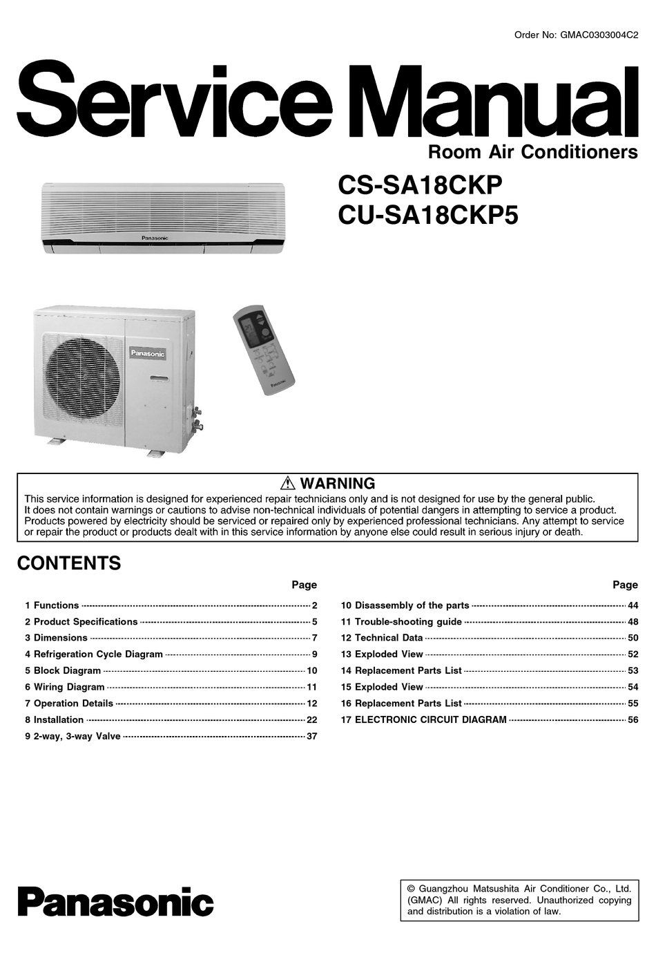 Panasonic Cs Sa18ckp Service Manual Pdf Download Manualslib