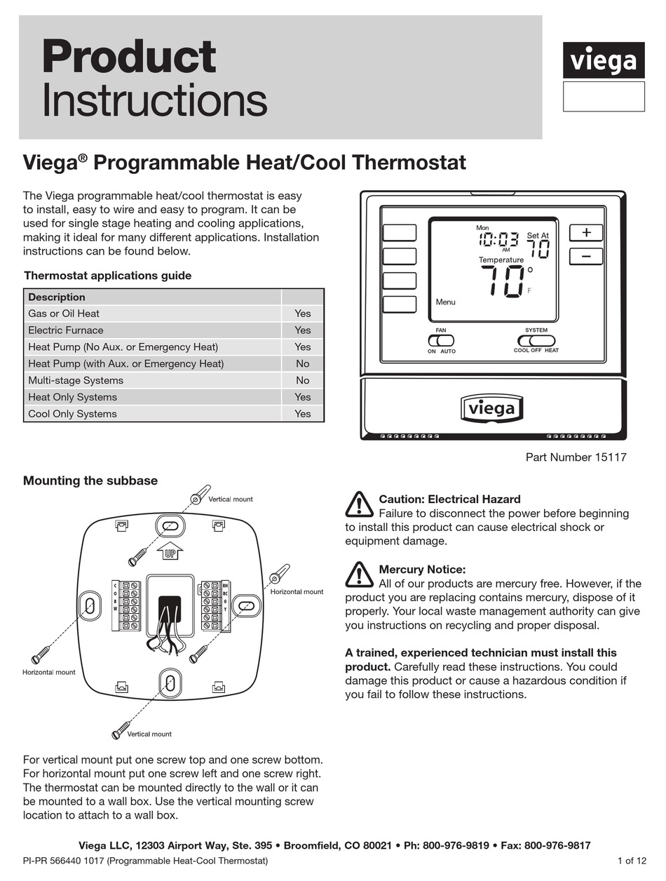 15117 Viega Thermostat Heat/Cool Programmable, 