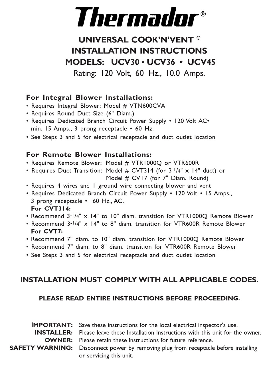 THERMADOR UCV36 INSTALLATION INSTRUCTIONS MANUAL Pdf Download ManualsLib