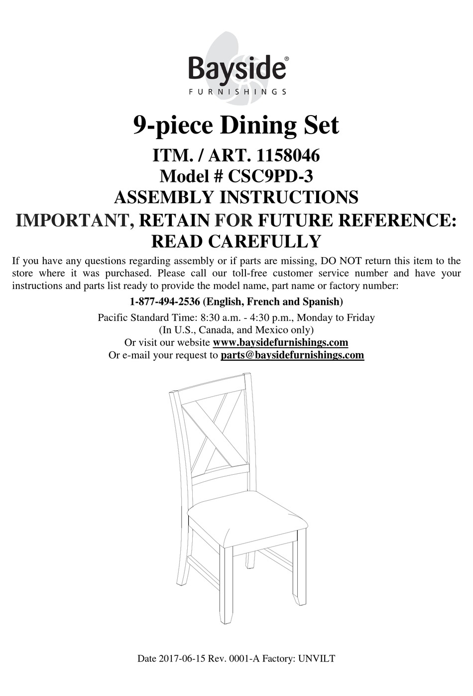 bayside 9 piece dining set instructions