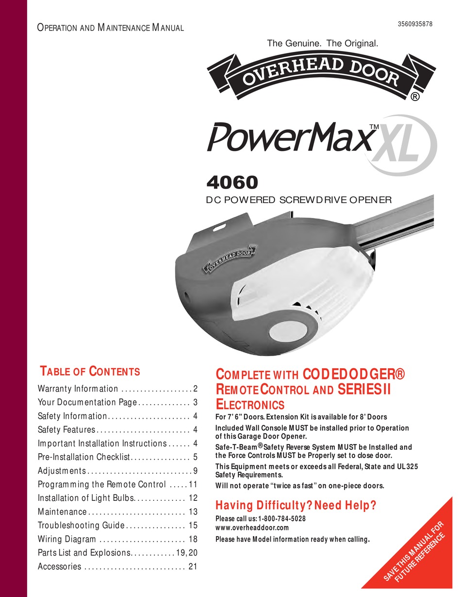 Overhead Door Powewrmax Xl 4060 Operation And Maintenance Manual Pdf Download Manualslib