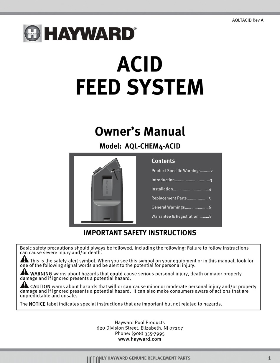 HAYWARD AQLCHEM4ACID OWNER