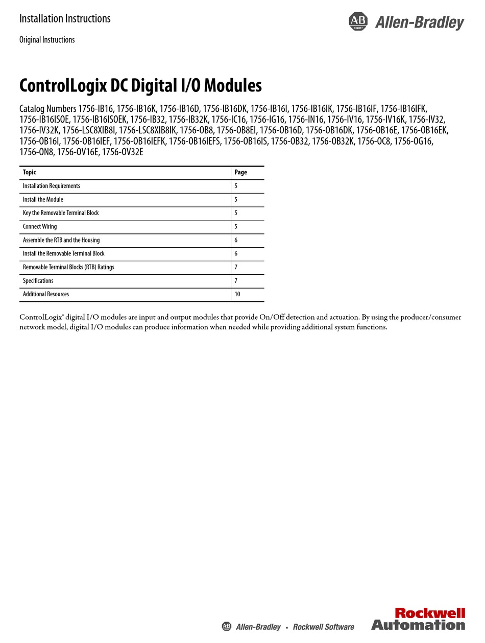 ALLEN-BRADLEY 1756-IB16K INSTALLATION INSTRUCTIONS MANUAL Pdf Download