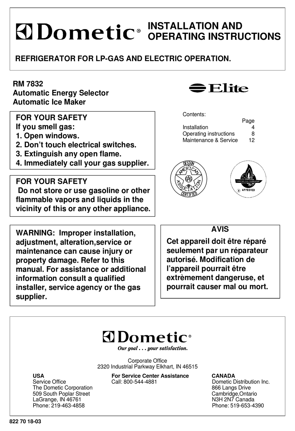 DOMETIC RM 7832 INSTALLATION AND OPERATING INSTRUCTIONS MANUAL Pdf ...