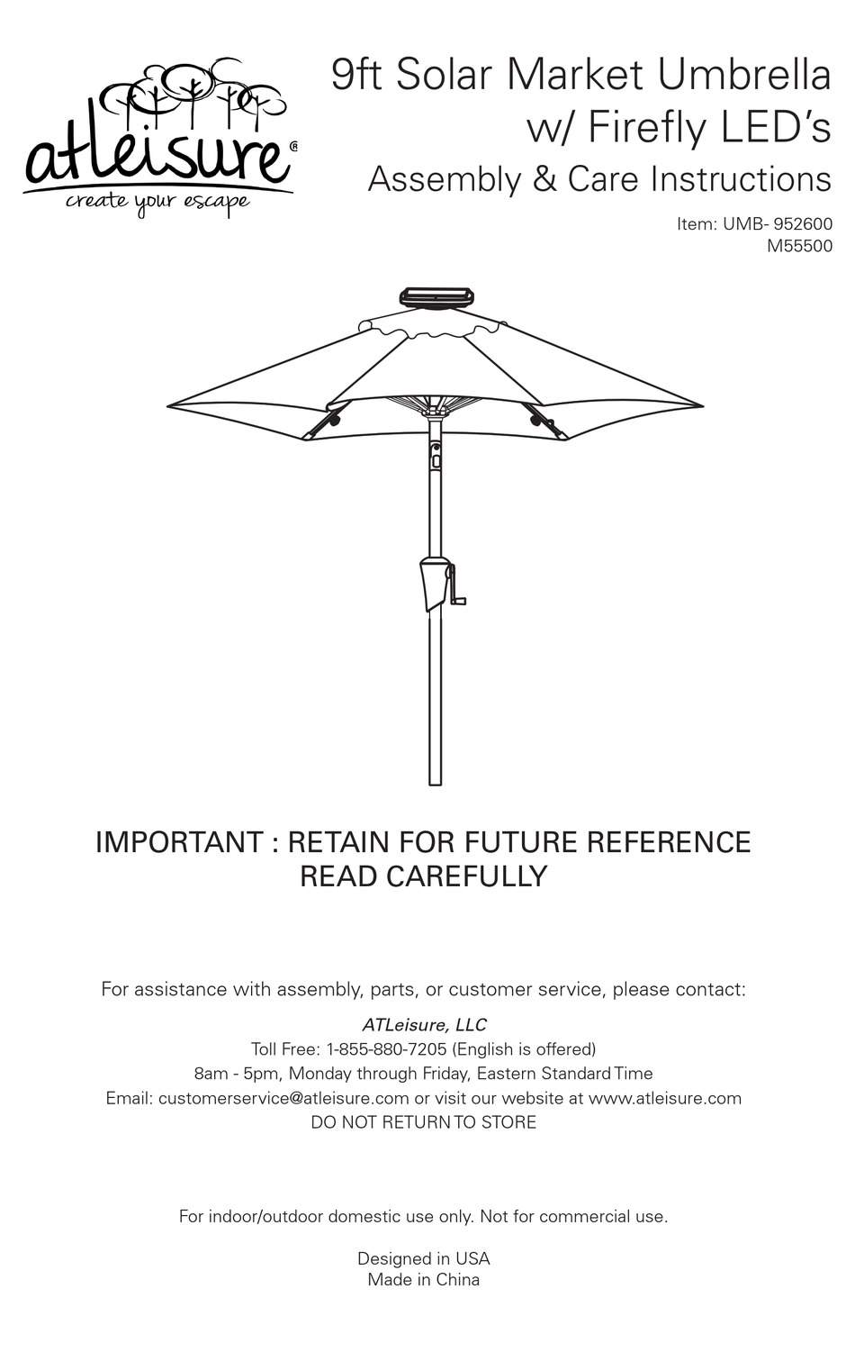 ATLEISURE UMB-952600 ASSEMBLY & CARE INSTRUCTIONS Pdf Download | ManualsLib