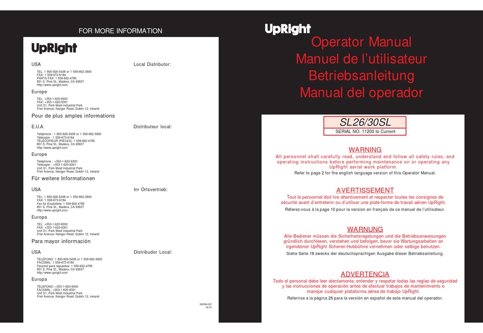 UPRIGHT SL26 OPERATOR'S MANUAL Pdf Download ManualsLib