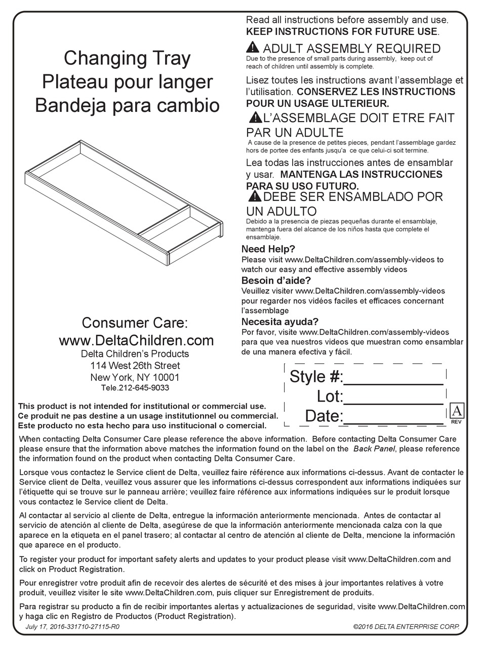 SIMMONS KIDS OAKMONT CHANGING TRAY ASSEMBLY INSTRUCTIONS MANUAL Pdf ...