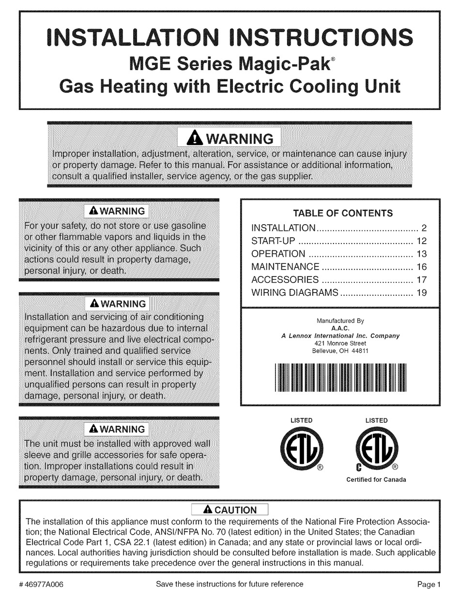 MAGICPAK MGE1012 INSTALLATION INSTRUCTIONS MANUAL Pdf Download