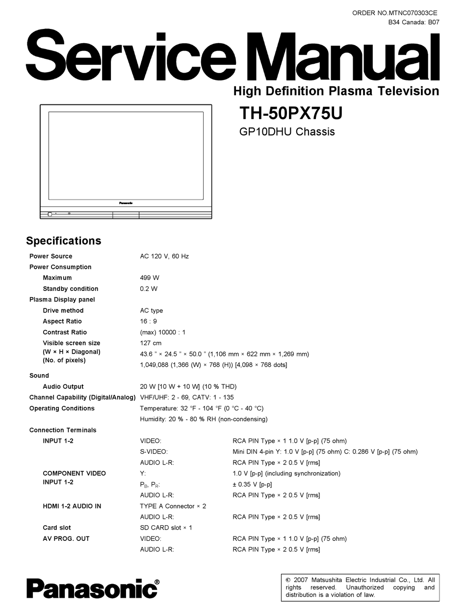 PANASONIC TH50PX75U SERVICE MANUAL Pdf Download ManualsLib
