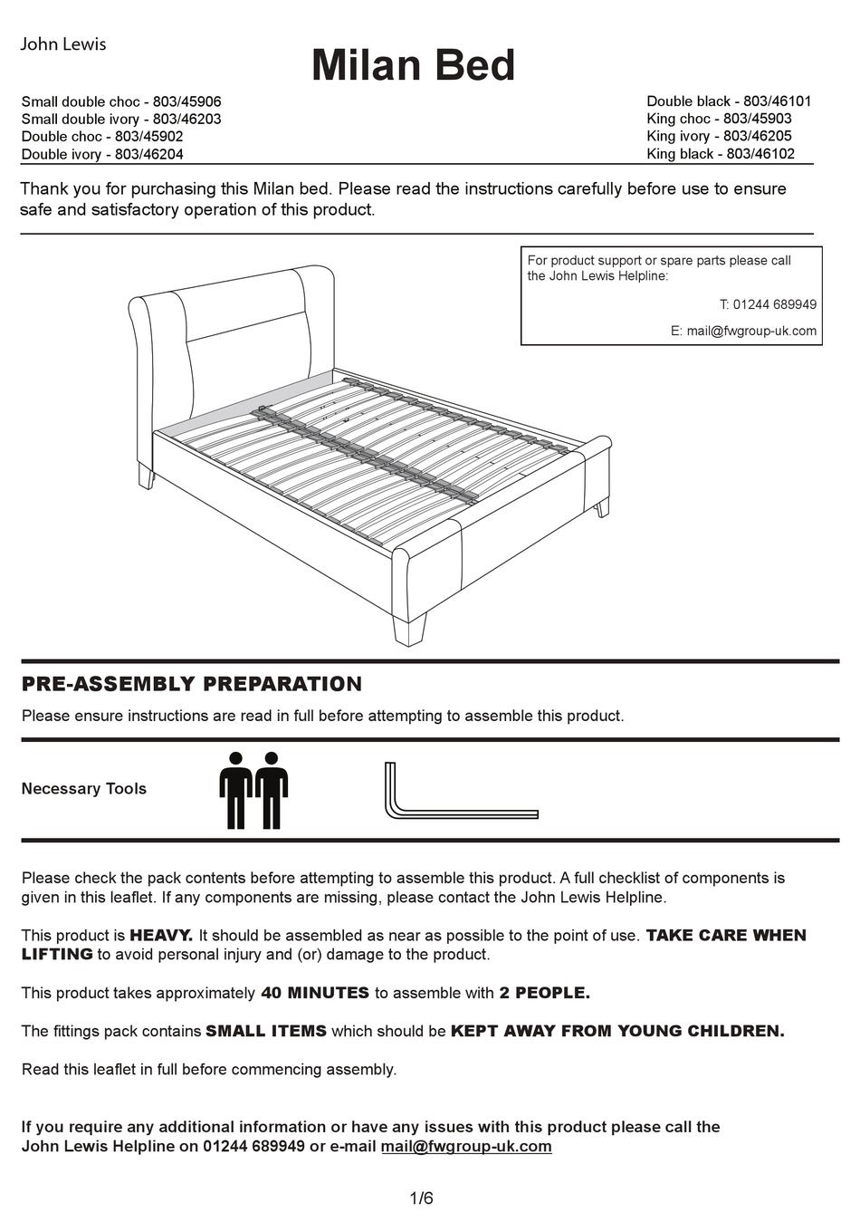 John Lewis 803 46203 Assembly Manual, King Bed Frame Assembly Instructions