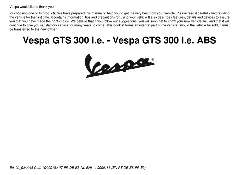 Vespa Gts 300 I E Manual Pdf Download Manualslib