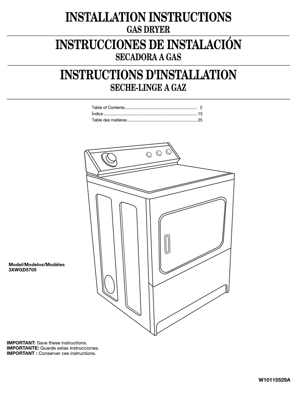 WHIRLPOOL 3XWGD5705 INSTALLATION INSTRUCTIONS MANUAL Pdf Download