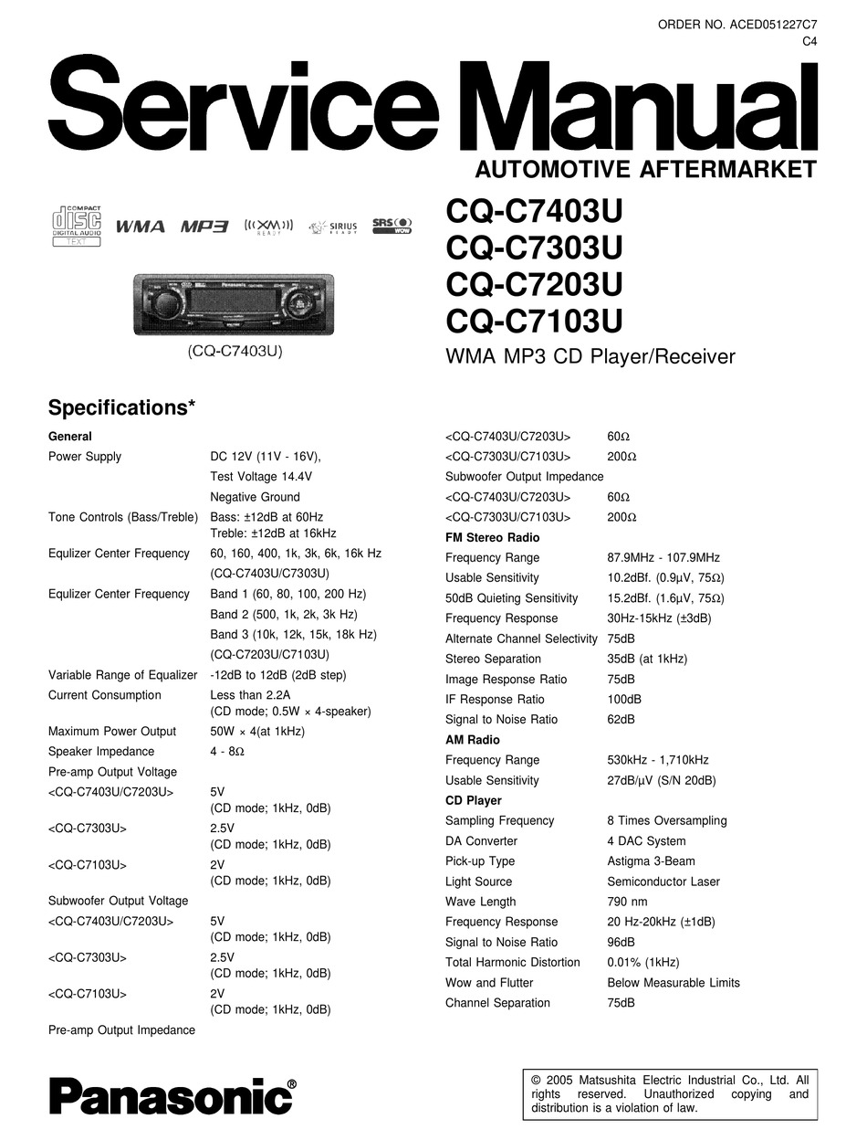 Panasonic Cq C7403u Service Manual Pdf, Panasonic Cq Rx100u Wiring Harness Diagram