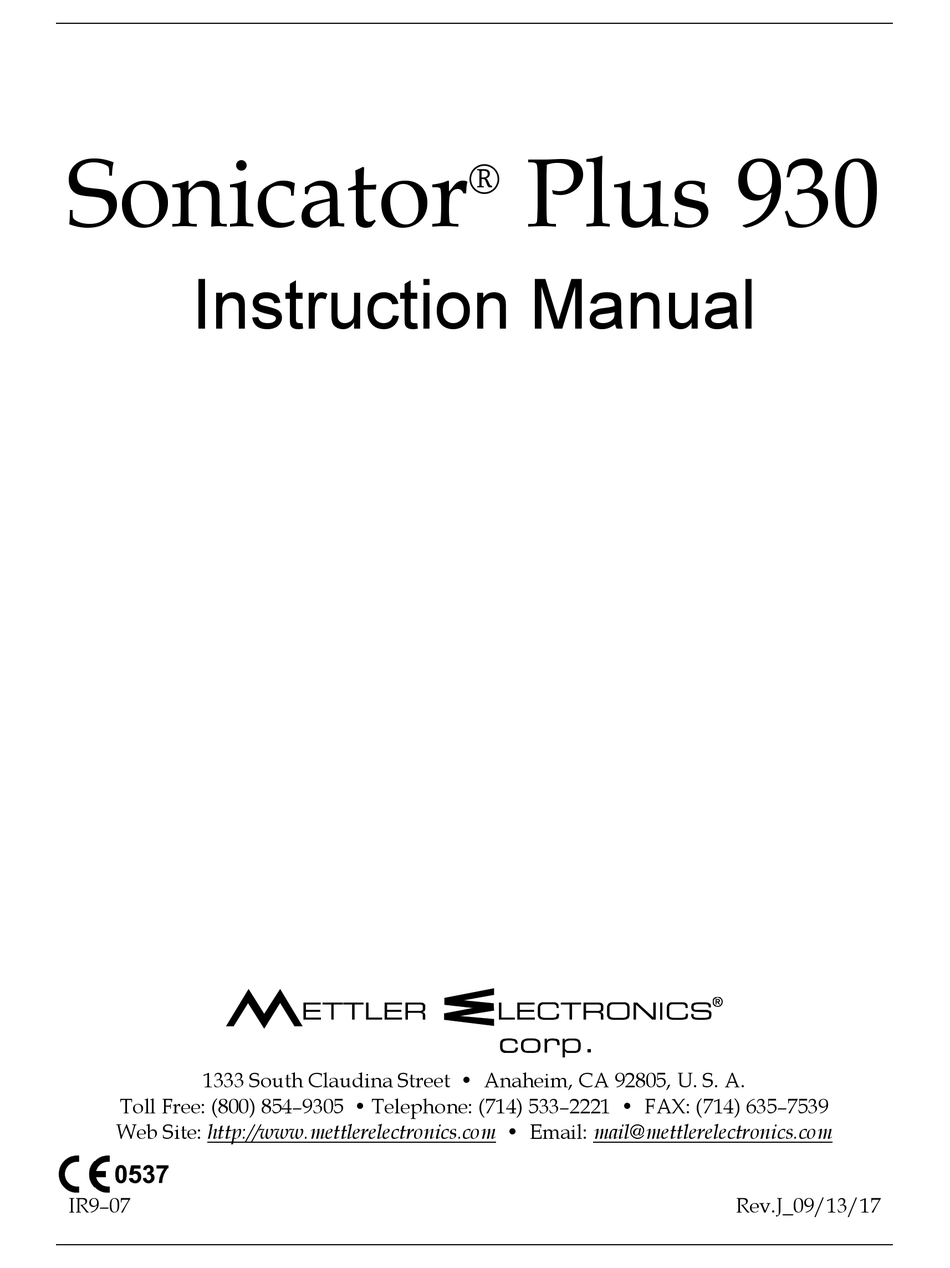 METTLER ELECTRONICS SONICATOR PLUS 930 INSTRUCTION MANUAL Pdf Download