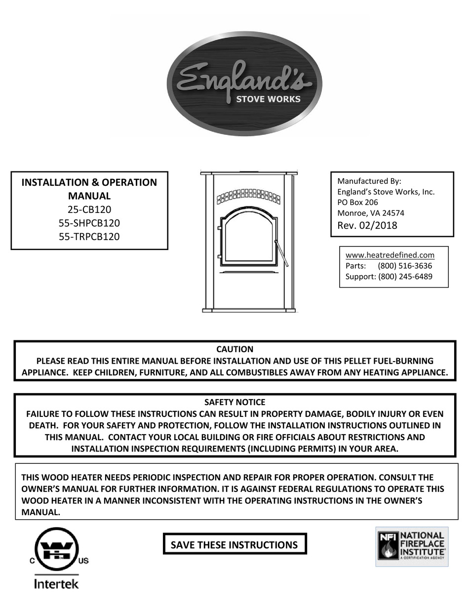 ENGLAND'S STOVE WORKS 25CB120 INSTALLATION & OPERATION MANUAL Pdf