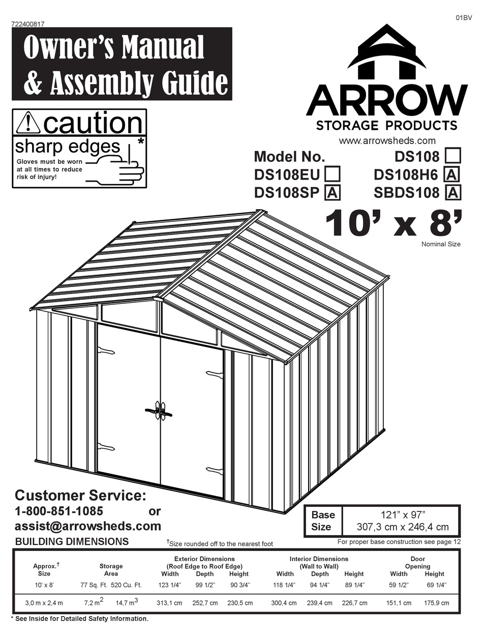 ARROW STORAGE PRODUCTS DS108EU OWNER'S MANUAL & ASSEMBLY MANUAL Pdf ...