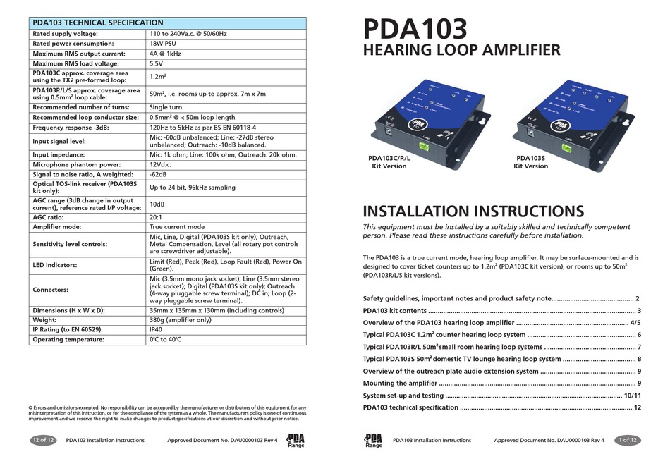 PDA RANGE PDA103C INSTALLATION INSTRUCTIONS MANUAL Pdf Download