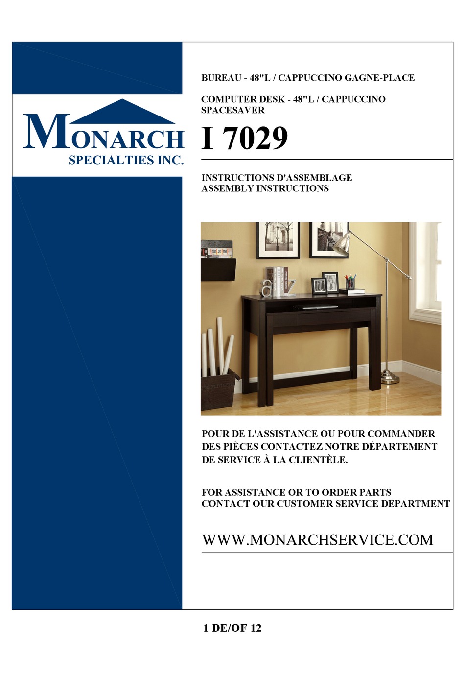 MONARCH SPECIALTIES I 7029 ASSEMBLY INSTRUCTIONS MANUAL Pdf Download