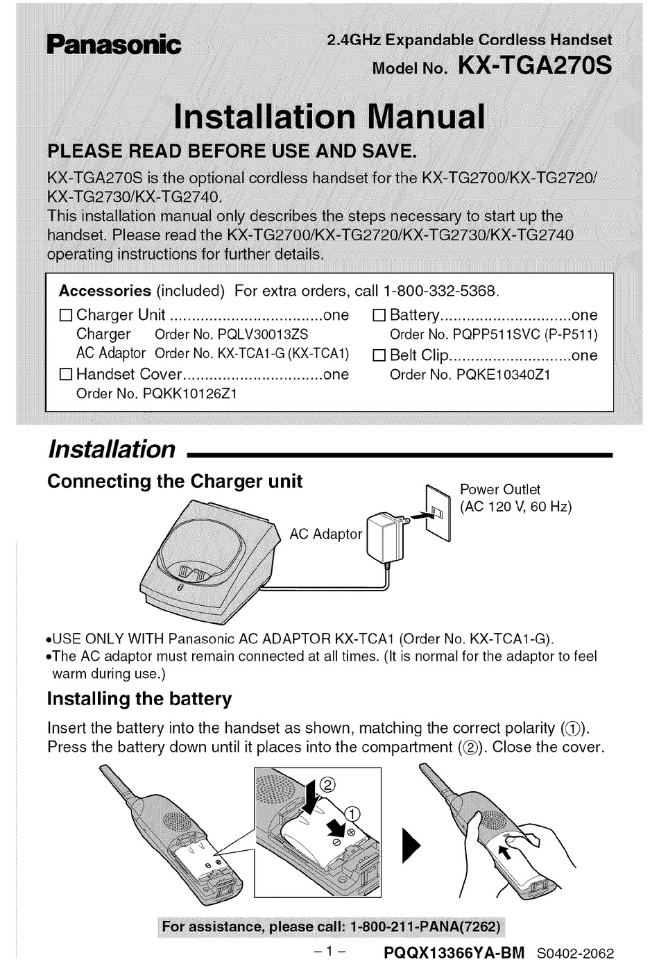 PANASONIC KX-TGA270S INSTALLATION MANUAL Pdf Download | ManualsLib