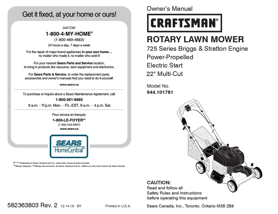 Craftsman lawn best sale mower manual 944