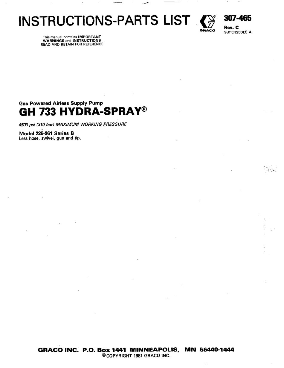 GRACO GH 733 HYDRASPRAY INSTRUCTIONSPARTS LIST MANUAL Pdf Download