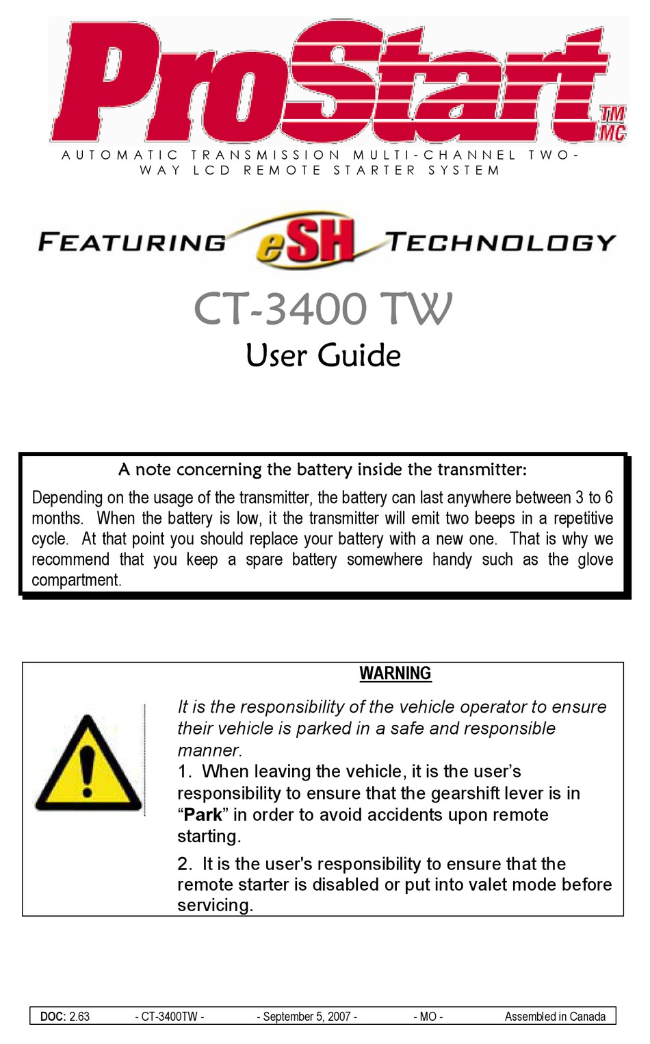 prostart 2 way remote starter