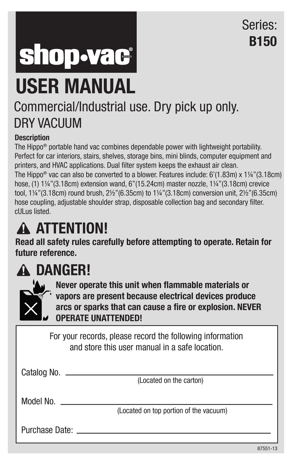 SHOPVAC SERIES B150 USER MANUAL Pdf Download ManualsLib