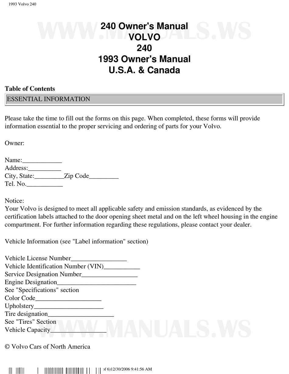 VOLVO 240 1993 OWNER'S MANUAL Pdf Download | ManualsLib
