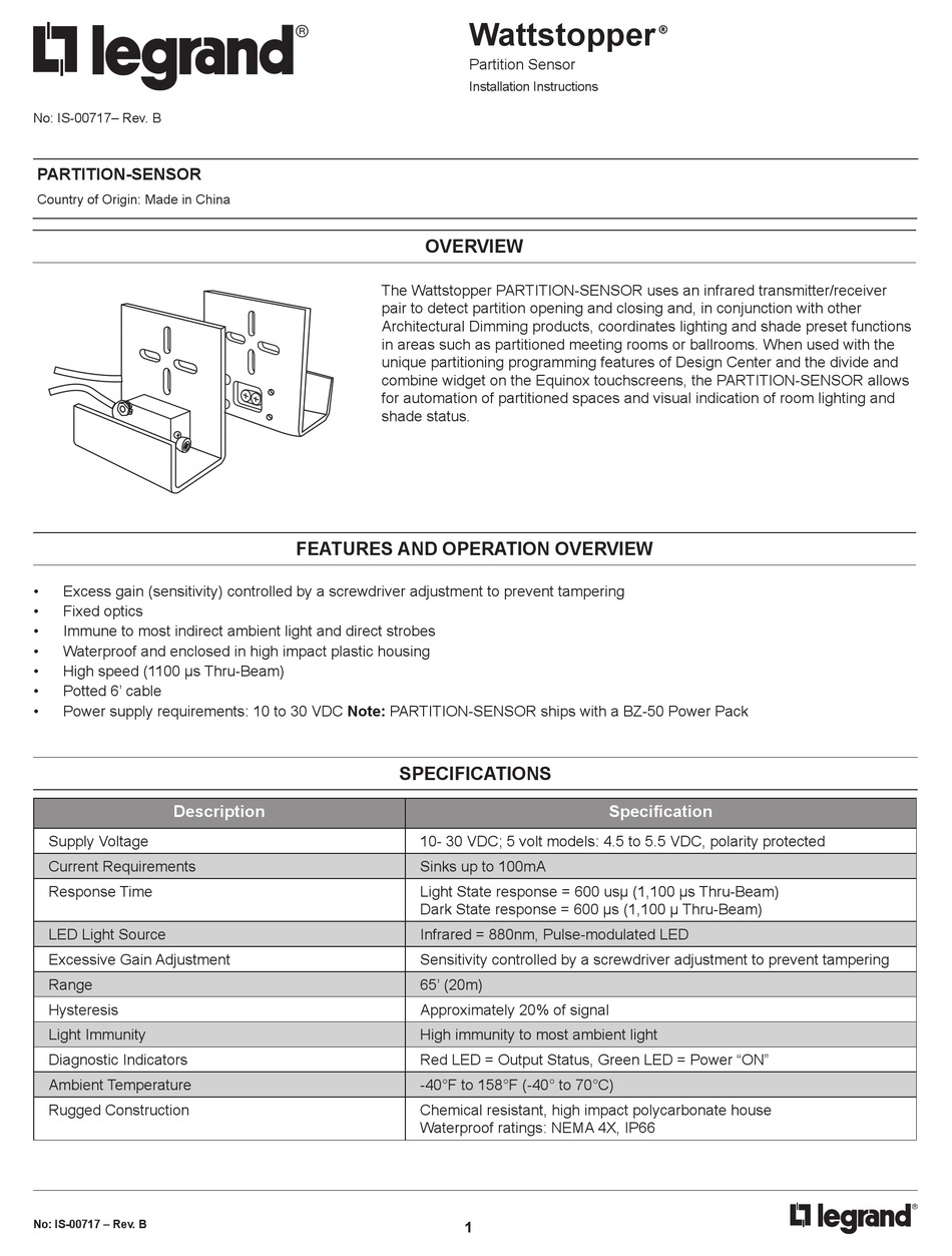 LEGRAND WATTSTOPPER PARTITION-SENSOR INSTALLATION INSTRUCTIONS Pdf ...