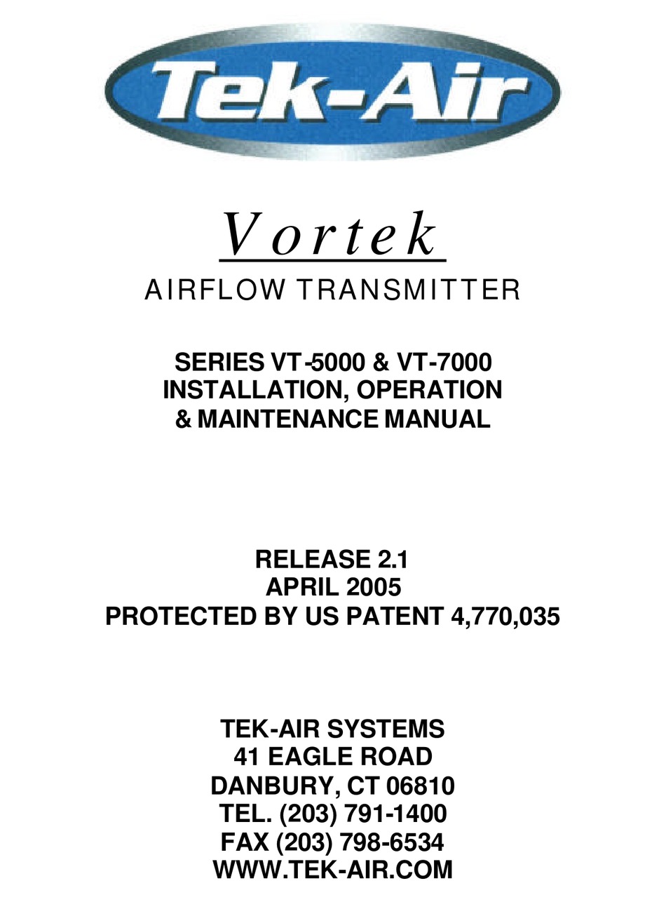 TEK-AIR VORTEK VT-5000 SERIES INSTALLATION, OPERATION & MAINTENANCE ...