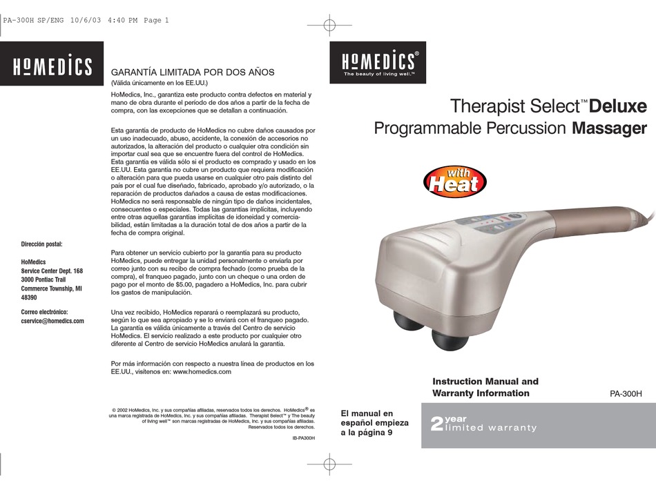 HOMEDICS PA300H INSTRUCTION MANUAL AND WARRANTY INFORMATION Pdf
