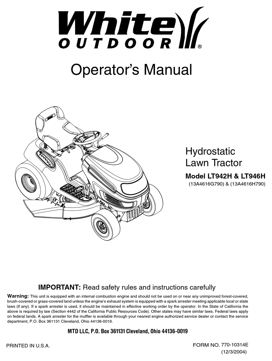 WHITE OUTDOOR LT942H OPERATOR'S MANUAL Pdf Download | ManualsLib