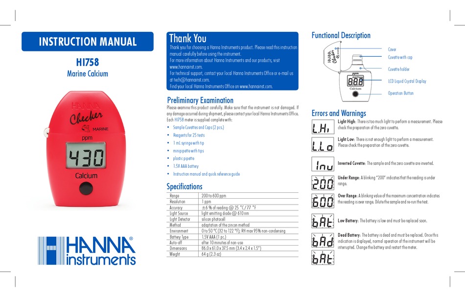 HANNA INSTRUMENTS HI758 INSTRUCTION MANUAL Pdf Download | ManualsLib