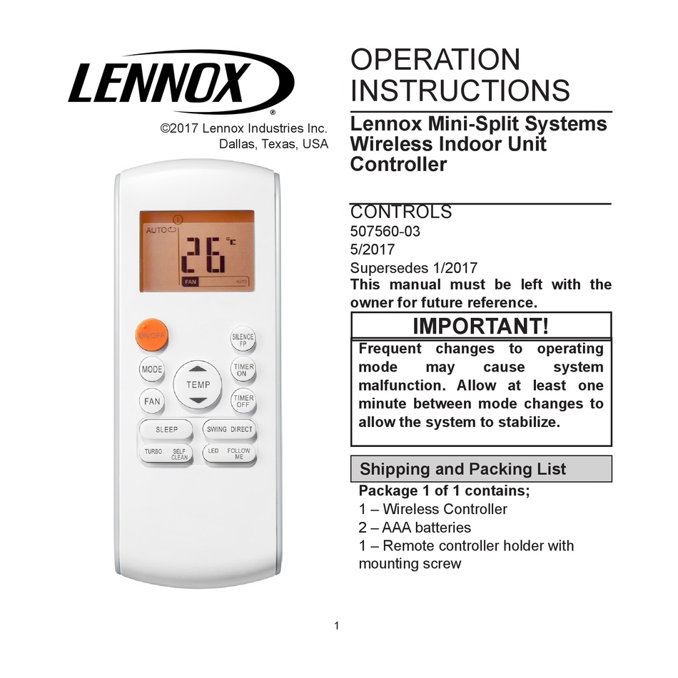 Lennox M0stat60q 1 Operation Instructions Manual Pdf Download Manualslib