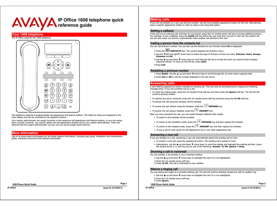 AVAYA IP OFFICE 1608 QUICK REFERENCE MANUAL Pdf Download | ManualsLib