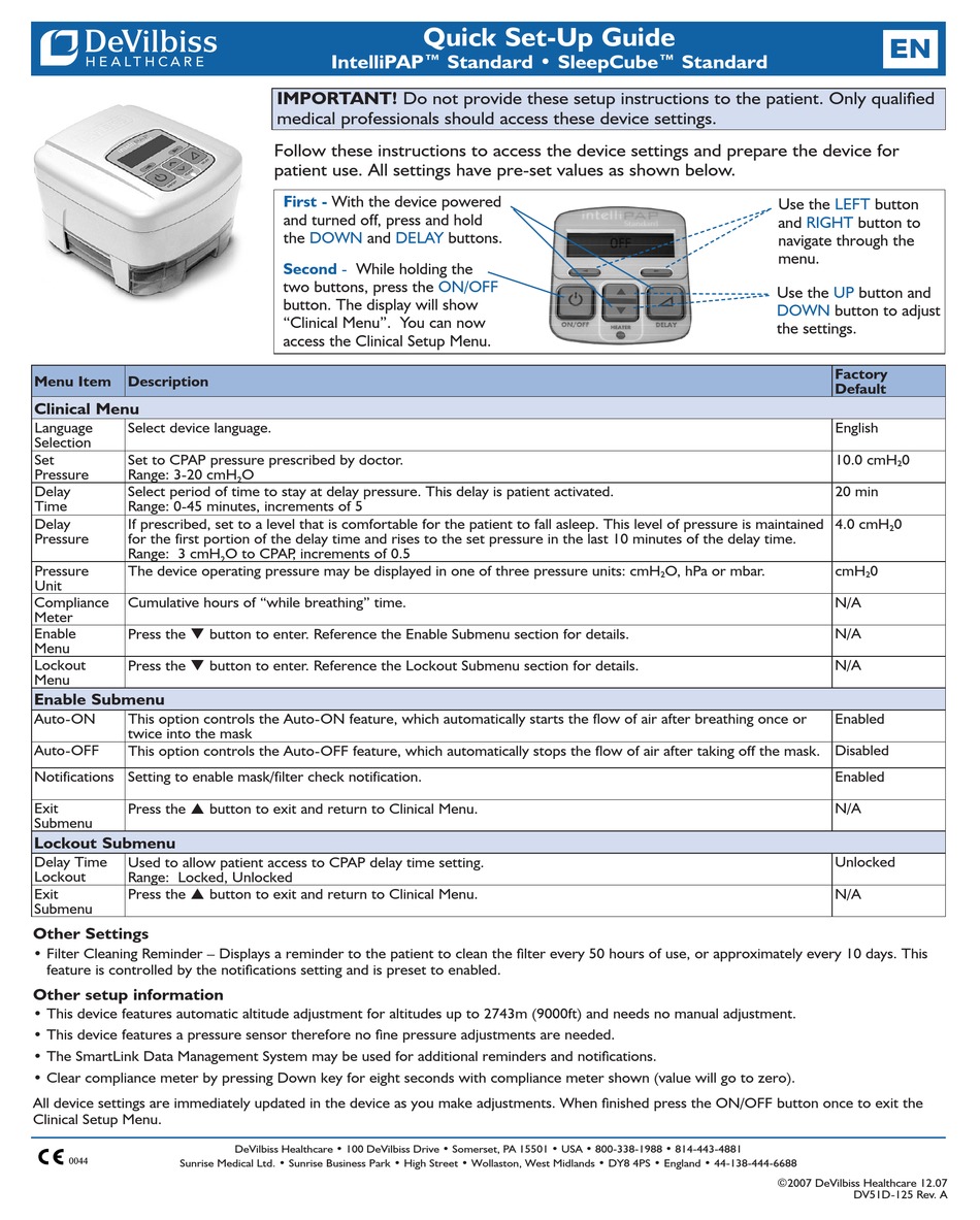 Devilbiss Intellipap Standard Quick Setup Manual Pdf Download Manualslib
