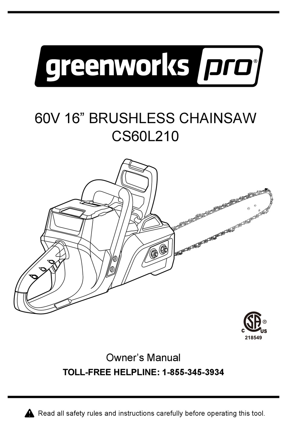 GREENWORKS PRO CS60L210 OWNER'S MANUAL 