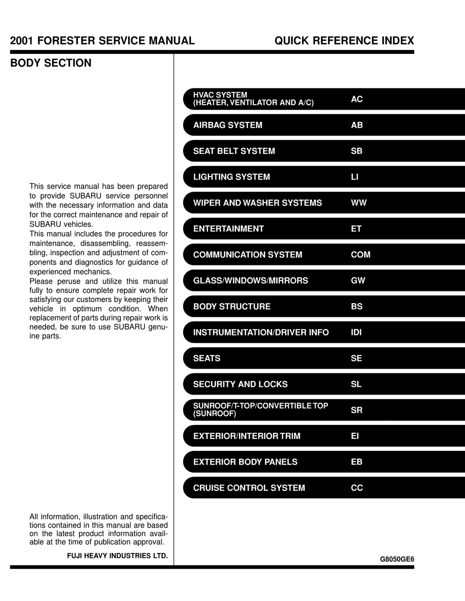 SUBARU 2001 FORESTER QUICK REFERENCE INDEX Pdf Download